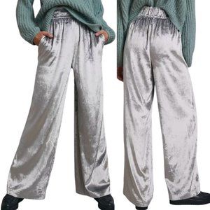 Anthropologie Maeve Anastacia Velvet High Rise Wide-Leg Pants in Silver Size M